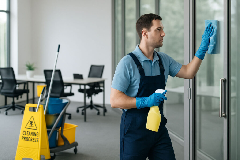Office desks and workspace being cleaned by professional Perth cleaners.