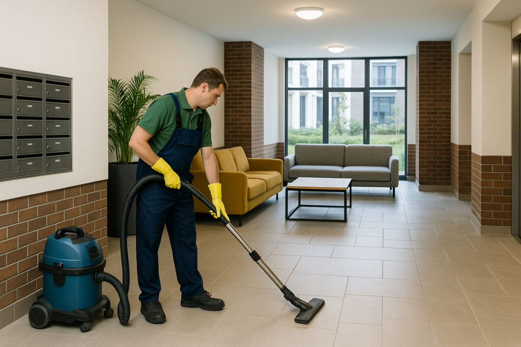 Commercial cleaner cleaning a strata property.
